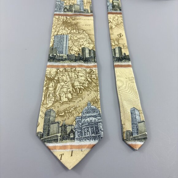 Structure Beige Map & City Landscape Men's Tie 3 3/4" x 58 1/2" Vintage - Picture 1 of 4